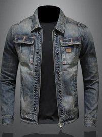 Men's Plus Size Washed Zip Up Denim Jacket with Chest Pockets