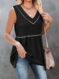 V-Neck Contrast Trim Waffle Knit Tank Top