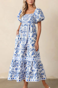 Smocked Printed Square Neck Puff Sleeve Dress
