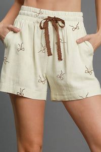 Bow Print Lace Drawstring Casual Shorts