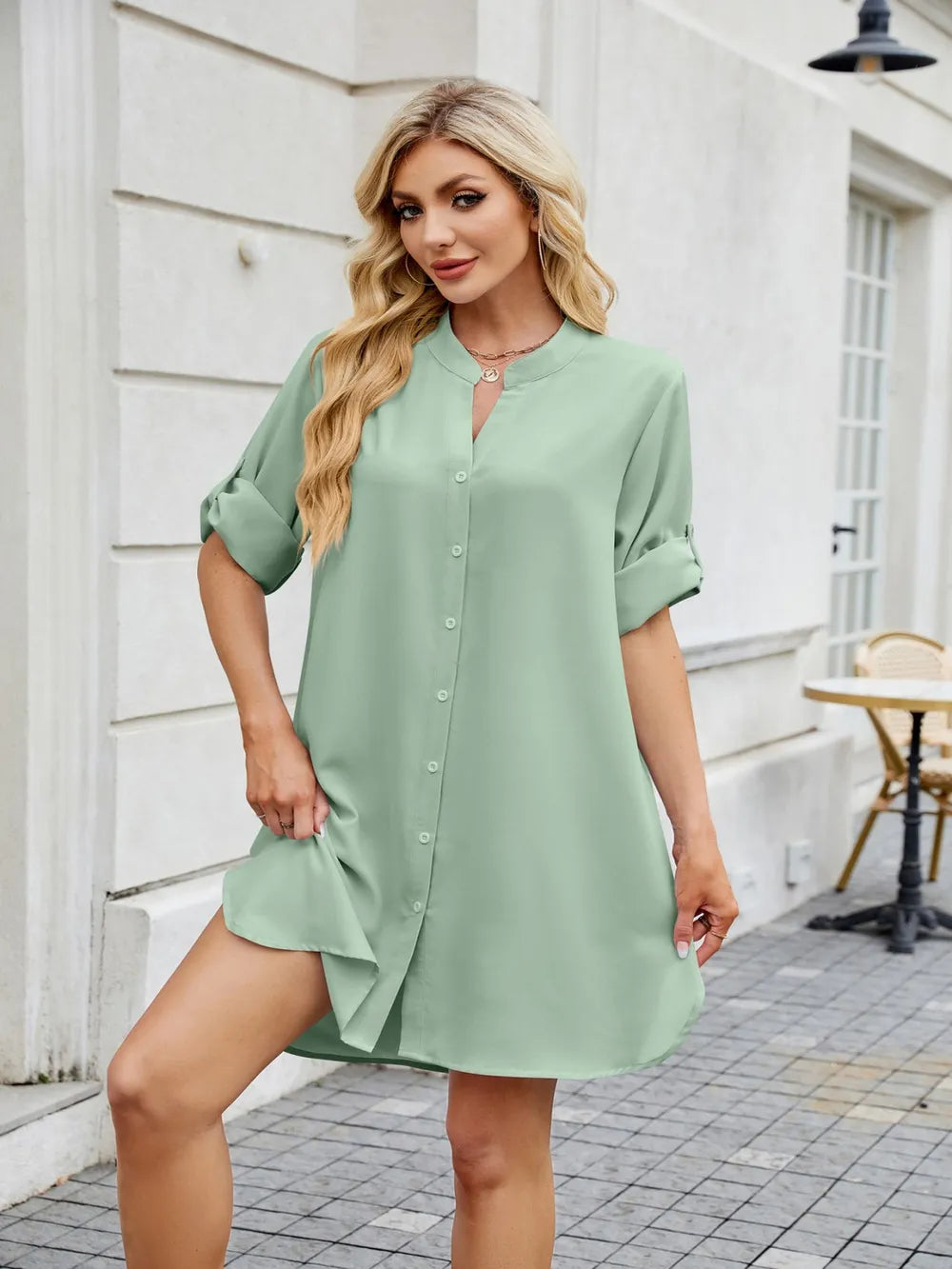 Notched Long Sleeve Mini Shirt Dress