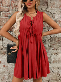 Tied Front Pleated Sleeveless Mini Dress