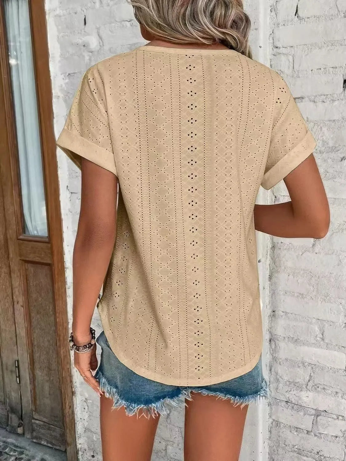 Eyelet Round Neck Short Sleeve T-Shirt