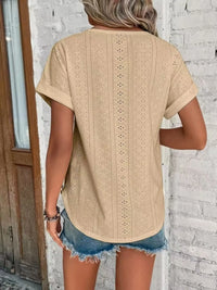 Eyelet Round Neck Short Sleeve T-Shirt