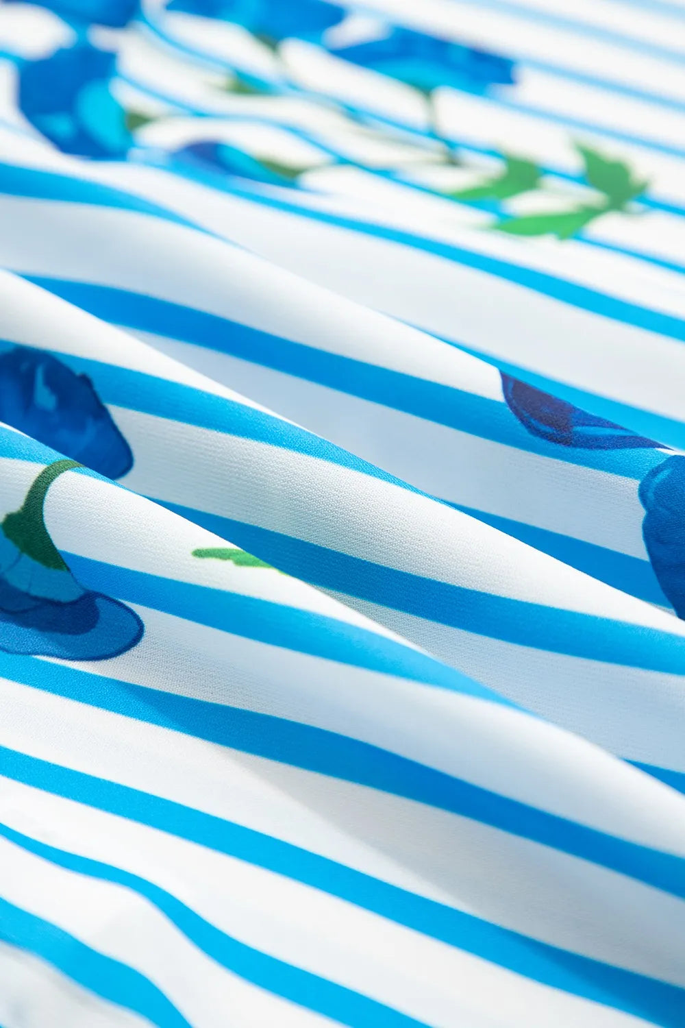 Stripe Floral Notched Neck Puff Sleeve Summer Blouse