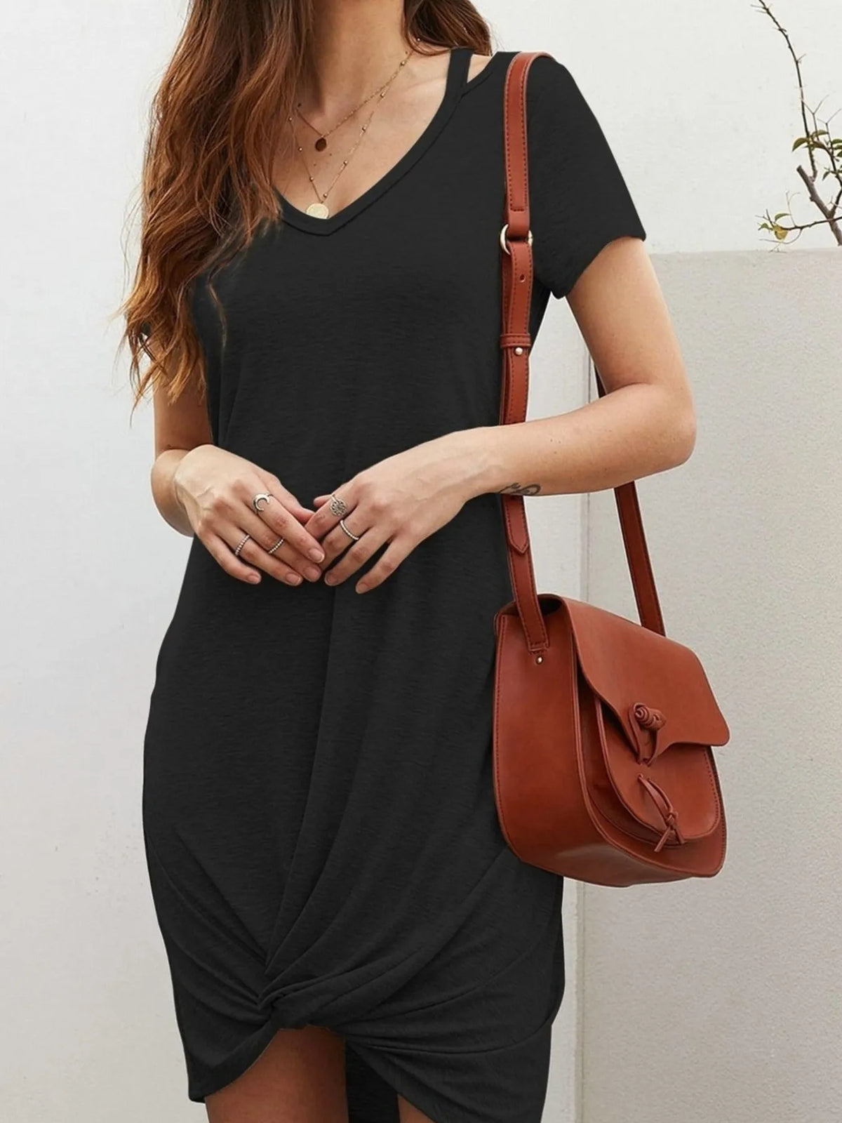 V-Neck Twisted Knot T-Shirt Dress