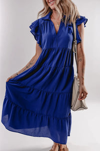 Ruffled Short Sleeve Collared V Neck Tiered Midi Dress