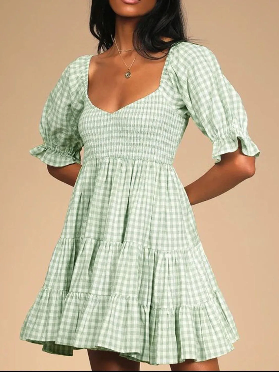 Ruffled Hem Plaid Half Sleeve Mini Dress