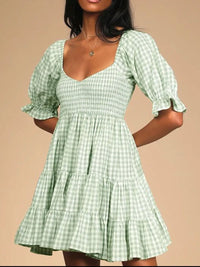 Ruffled Hem Plaid Half Sleeve Mini Dress