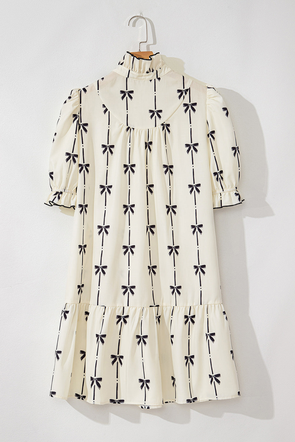 Frill Bow Print Notched Short Sleeve Mini Dress