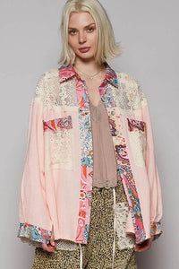 POL Lace Patchwork Floral Trim Long Sleeve Shirt