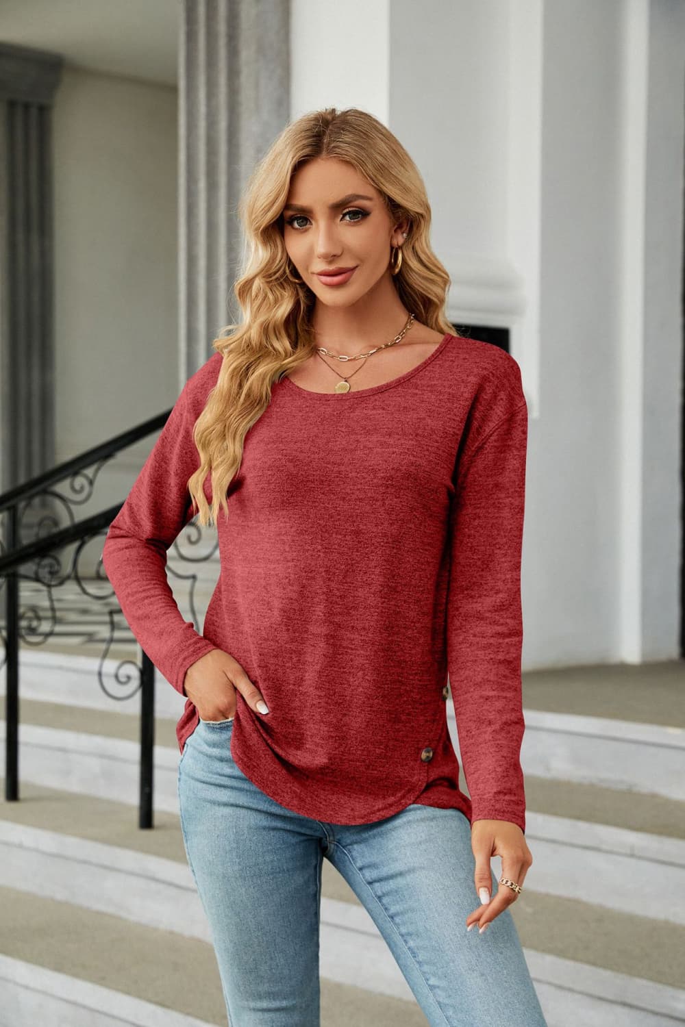 Solid Round Neck Long Sleeve T-Shirt