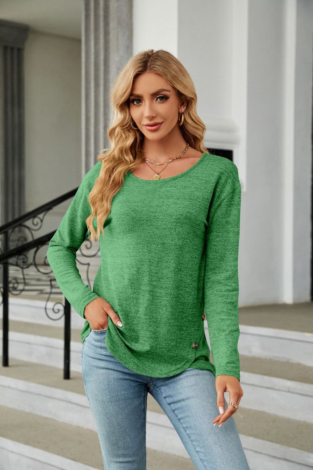 Solid Round Neck Long Sleeve T-Shirt