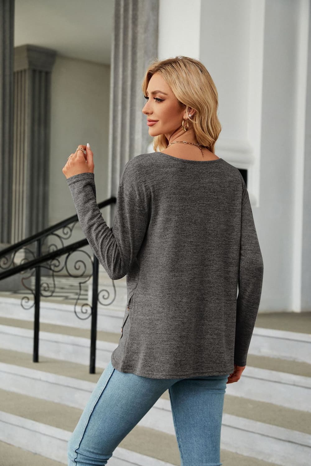 Solid Round Neck Long Sleeve T-Shirt