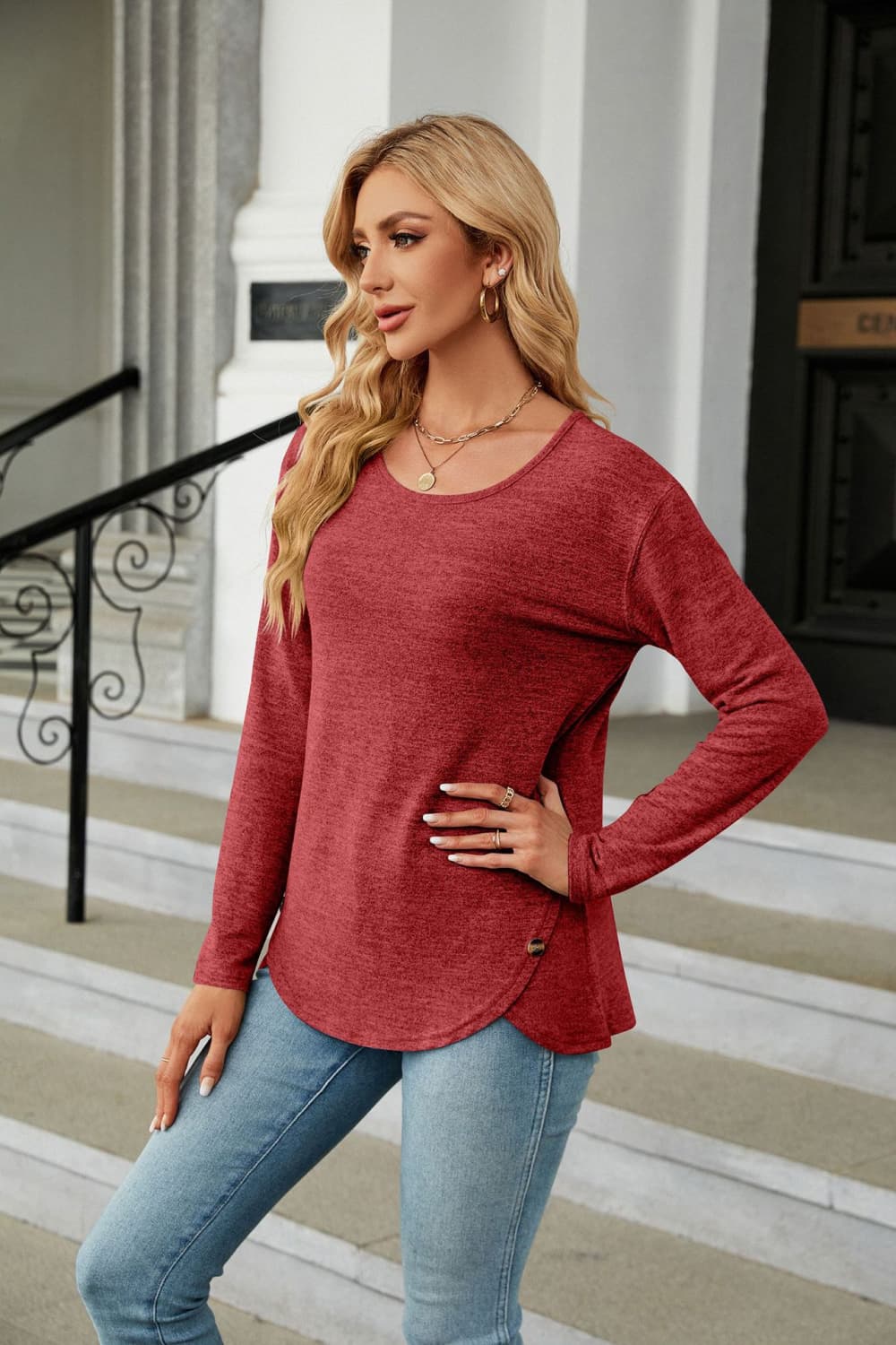 Solid Round Neck Long Sleeve T-Shirt