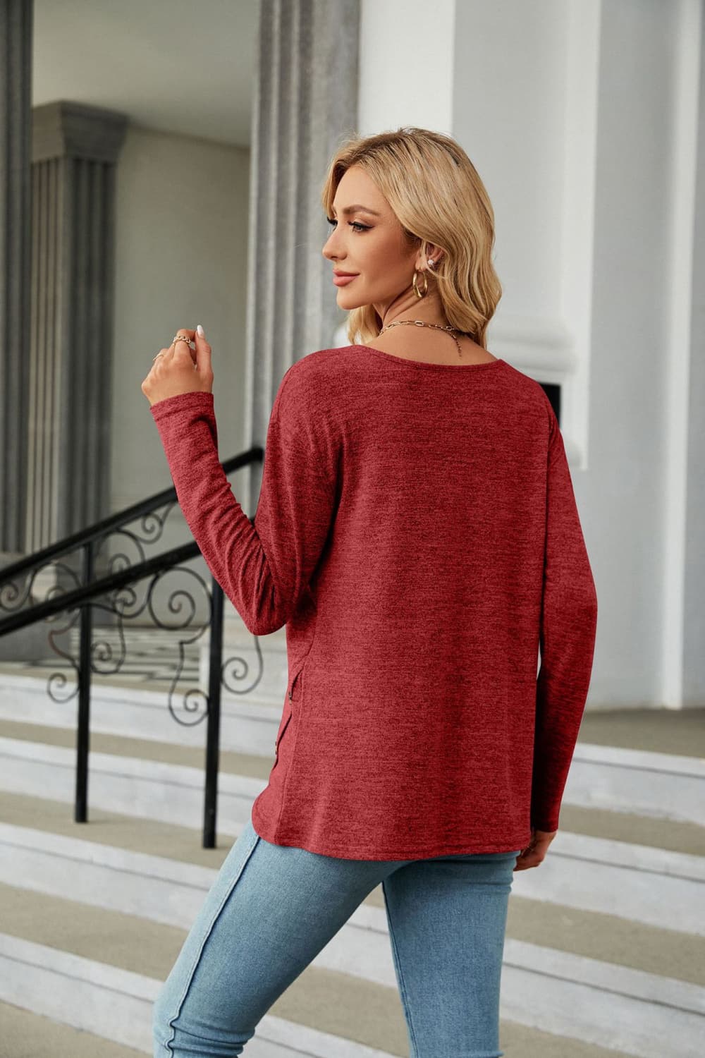 Solid Round Neck Long Sleeve T-Shirt