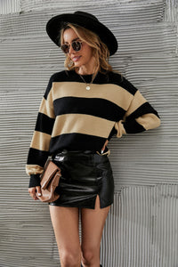 Round Neck Dropped Shoulder Sweater Apricot/Black
