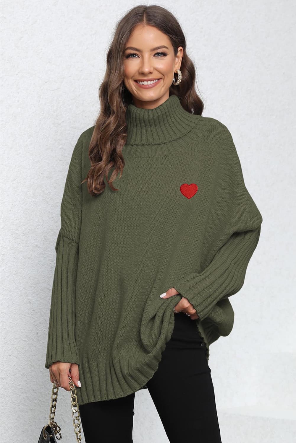 Heart Turtle Neck Long Sleeve Ribbed Sweater