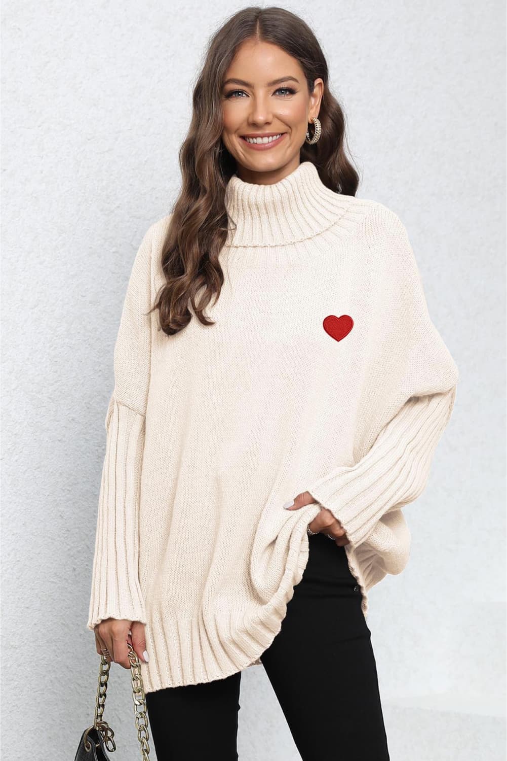 Heart Turtle Neck Long Sleeve Ribbed Sweater