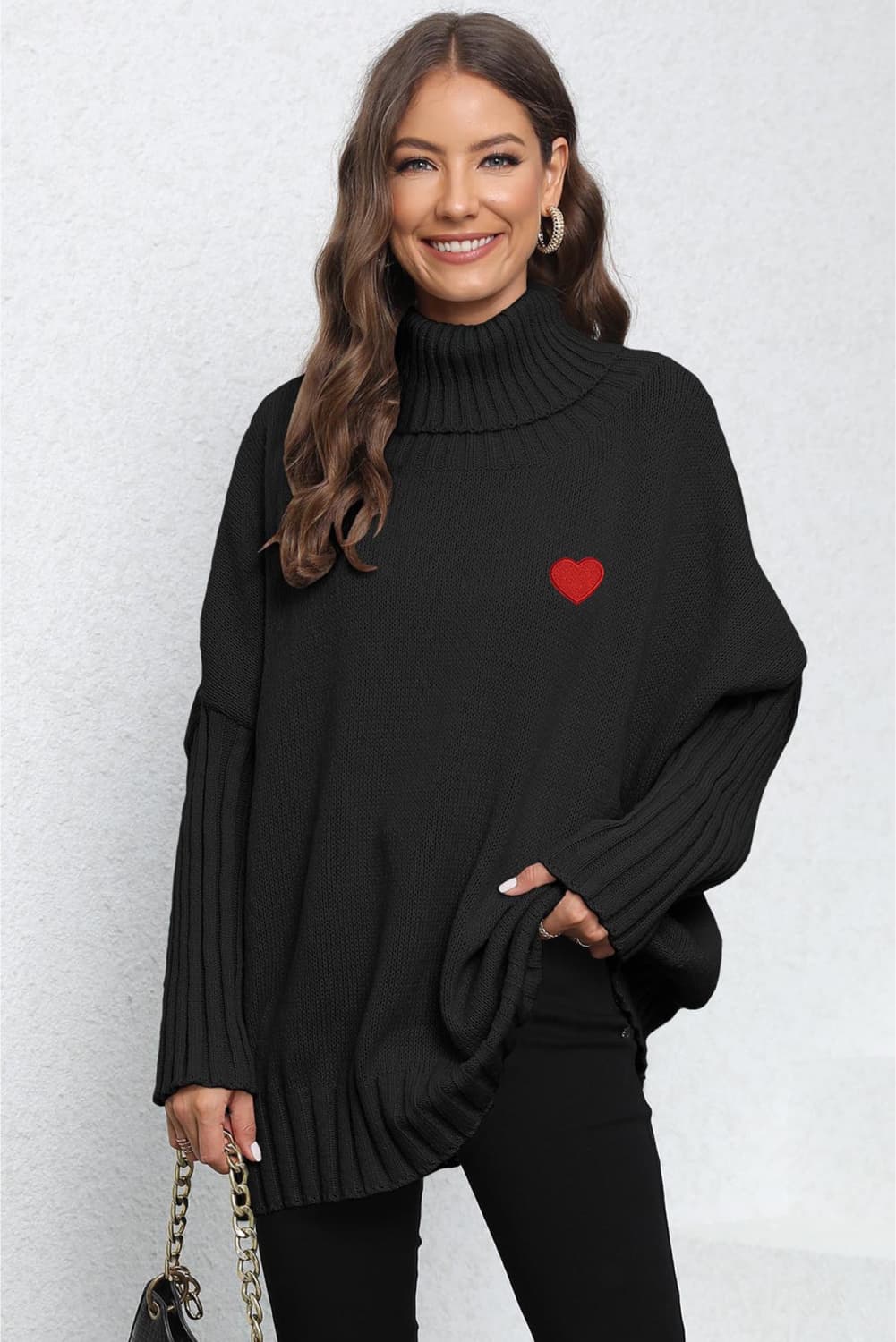Heart Turtle Neck Long Sleeve Ribbed Sweater