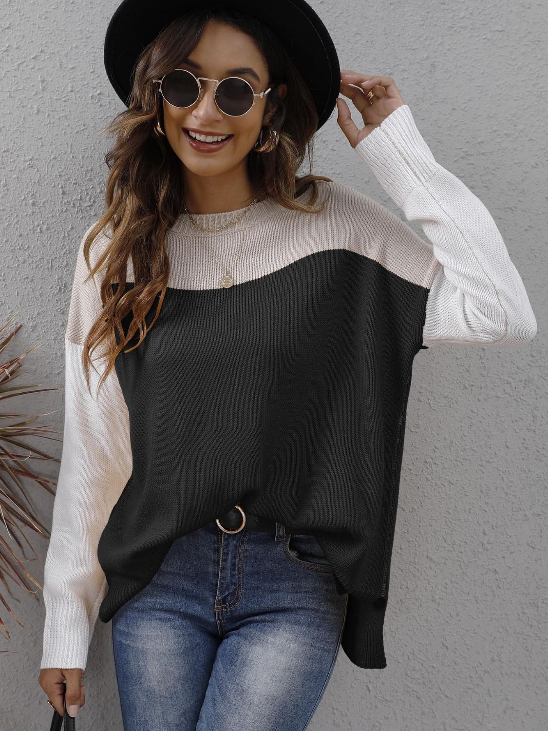 Two-tone Round Neck Dropped Shoulder Sweater