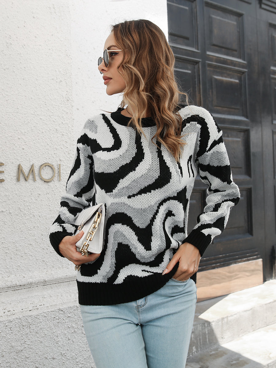 Wave Striped Round Neck Dropped Shoulder Sweater