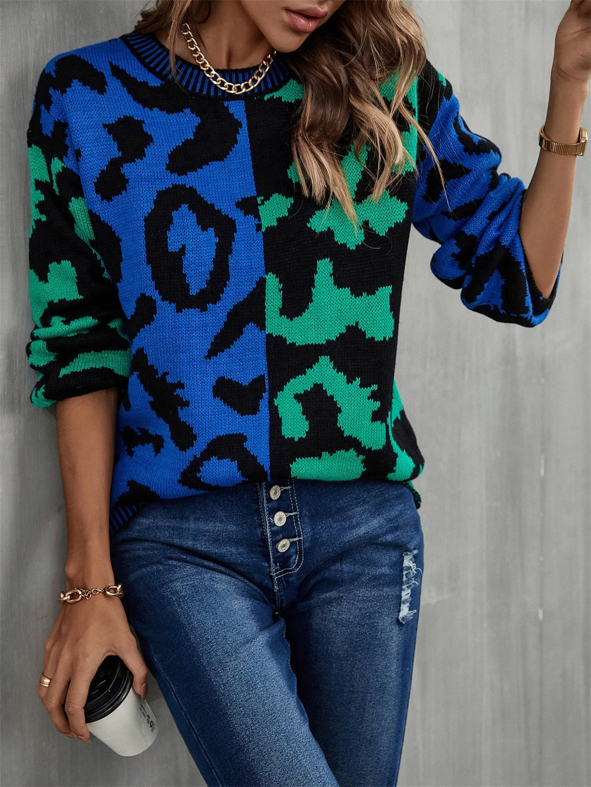 Contrast Color Round Neck Dropped Shoulder Sweater