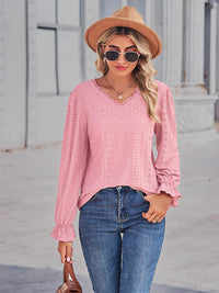 Openwork Eyelet V-Neck Flounce Sleeve Blouse