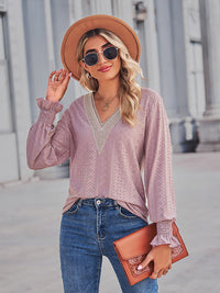 Solid Eyelet V-Neck Flounce Sleeve Blouse