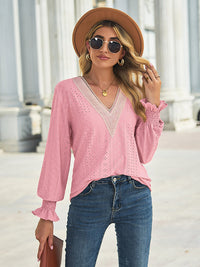 Solid Eyelet V-Neck Flounce Sleeve Blouse