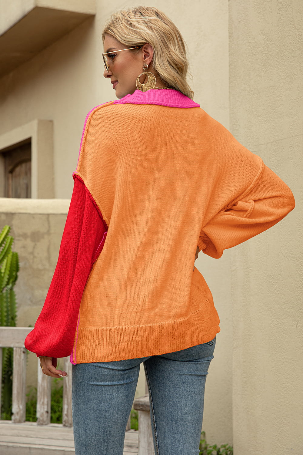 Color Block Round Neck Dropped Shoulder Long Sweater