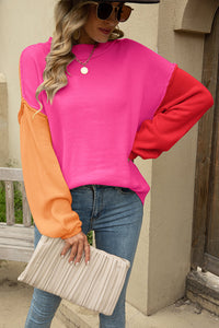 Color Block Round Neck Dropped Shoulder Long Sweater