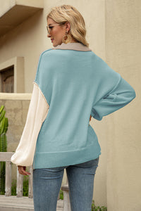 Color Block Round Neck Dropped Shoulder Long Sweater