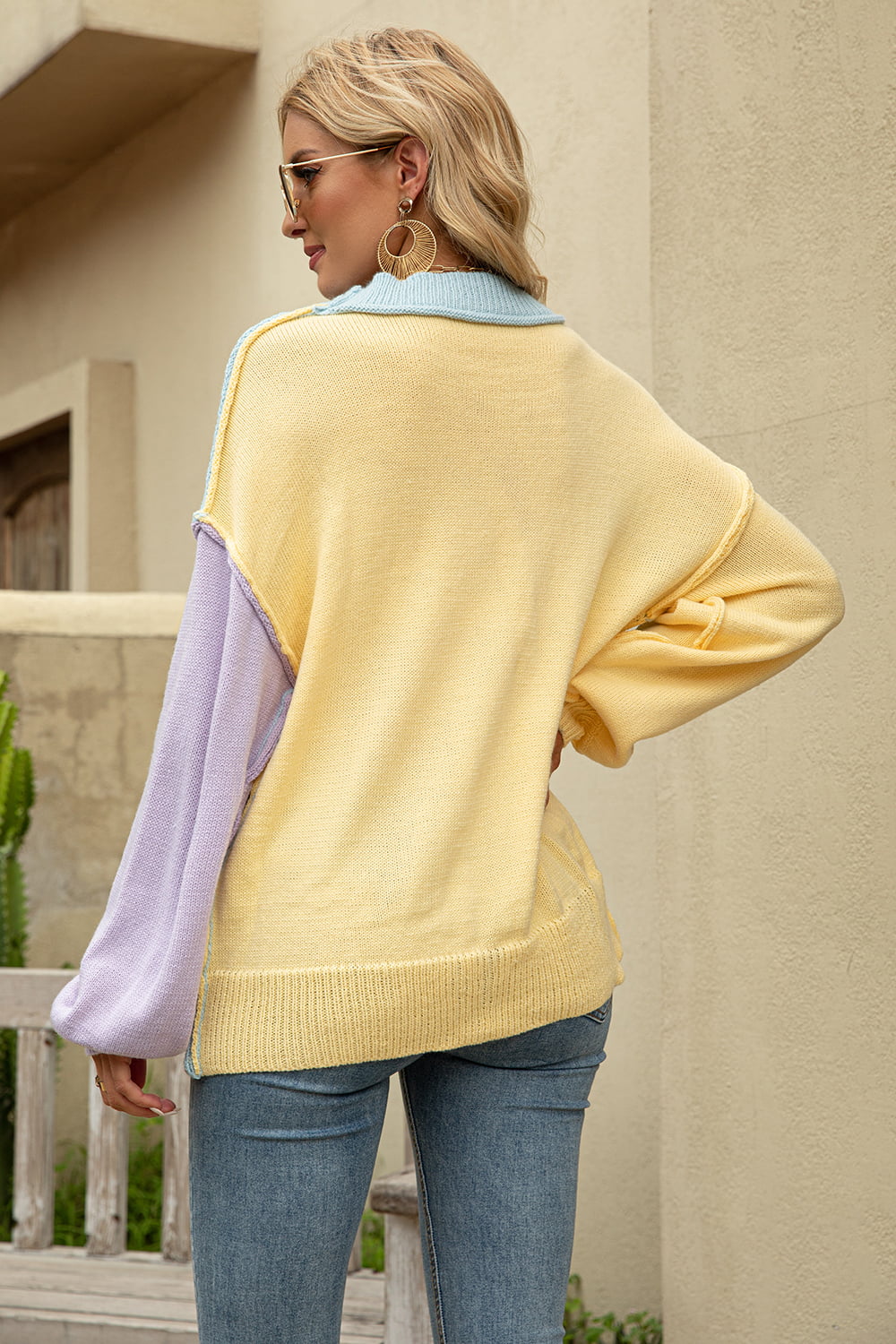 Color Block Round Neck Dropped Shoulder Long Sweater