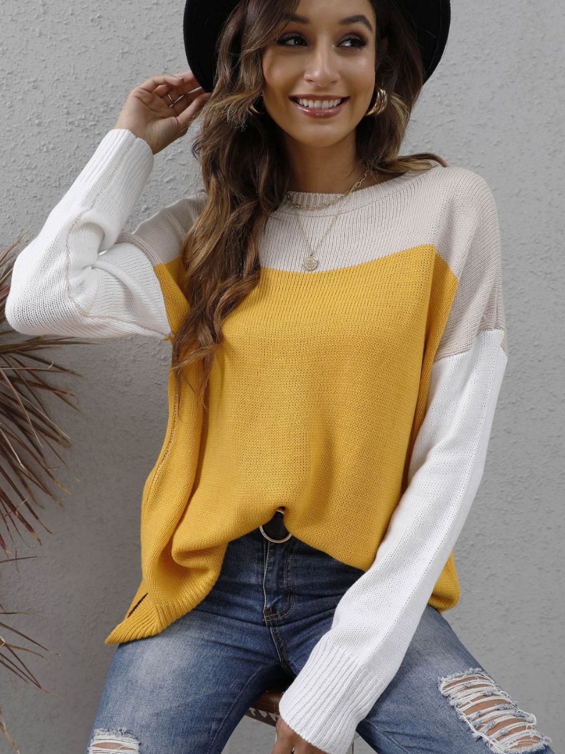 Two-tone Round Neck Dropped Shoulder Sweater