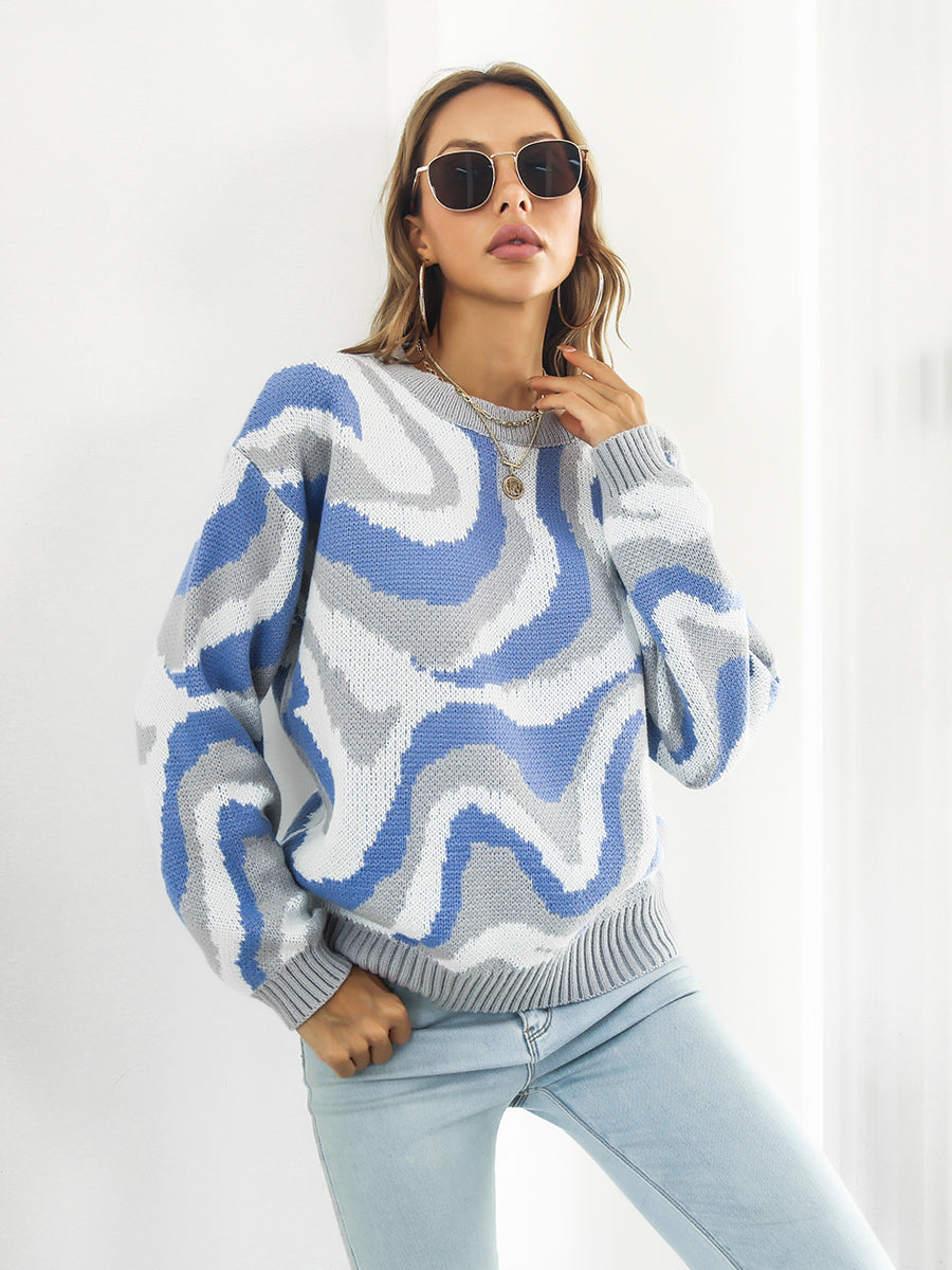 Wave Striped Round Neck Dropped Shoulder Sweater