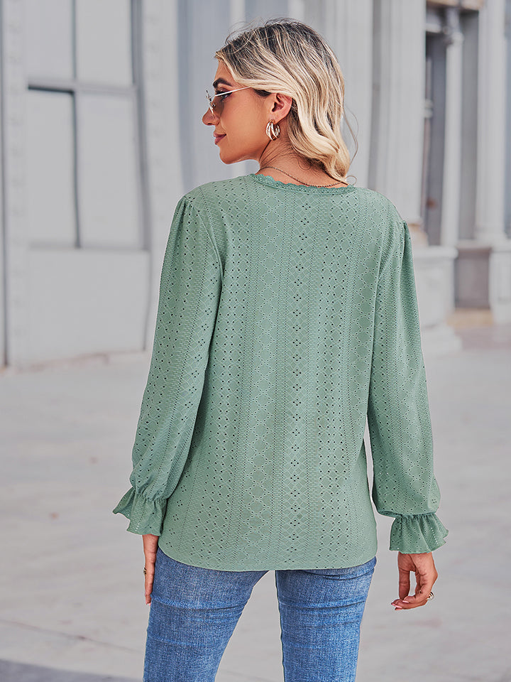 Openwork Eyelet V-Neck Flounce Sleeve Blouse