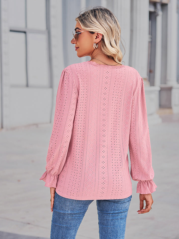Openwork Eyelet V-Neck Flounce Sleeve Blouse