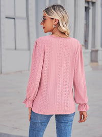 Openwork Eyelet V-Neck Flounce Sleeve Blouse