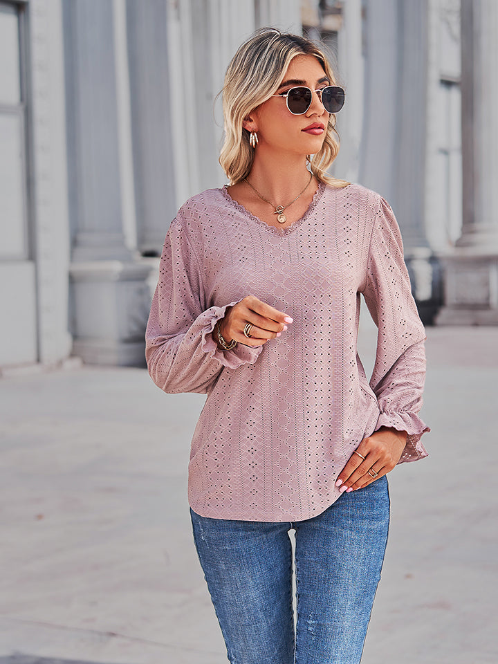 Openwork Eyelet V-Neck Flounce Sleeve Blouse