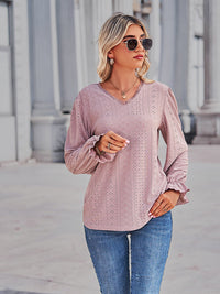 Openwork Eyelet V-Neck Flounce Sleeve Blouse