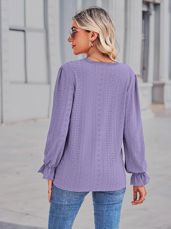Openwork Eyelet V-Neck Flounce Sleeve Blouse