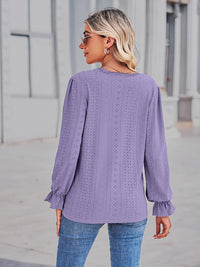 Openwork Eyelet V-Neck Flounce Sleeve Blouse