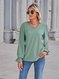 Openwork Eyelet V-Neck Flounce Sleeve Blouse