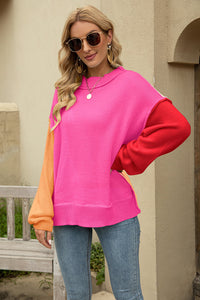 Color Block Round Neck Dropped Shoulder Long Sweater