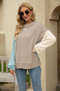 Color Block Round Neck Dropped Shoulder Long Sweater