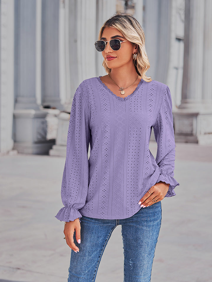 Openwork Eyelet V-Neck Flounce Sleeve Blouse