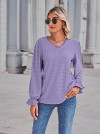 Openwork Eyelet V-Neck Flounce Sleeve Blouse
