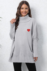 Heart Turtle Neck Long Sleeve Ribbed Sweater