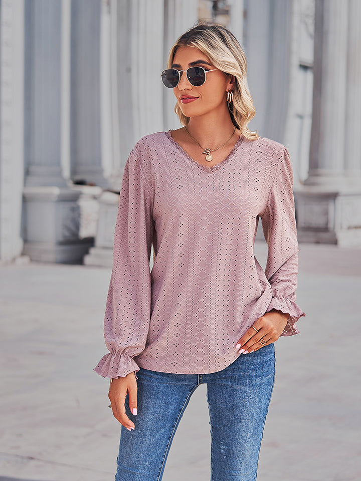 Openwork Eyelet V-Neck Flounce Sleeve Blouse
